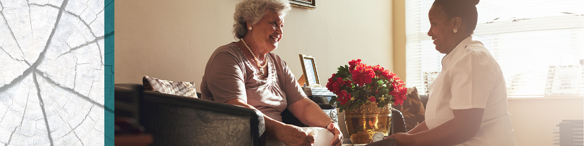 Senior resident chats with healthcare provider in her living room